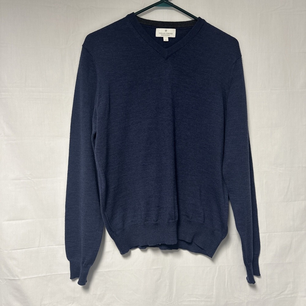 Toscano Firenze Men's Med Italy 100% Merino Wool Navy Blue V-Neck Sweater Hike
